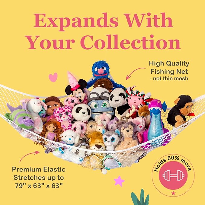 Lilly's Love Large Stuffed Animal Hammock | Corner Hanging Organizer, Toy Storage, Stuffed Animal Storage Net | Made from Quality Fishing Net, Holds 12lbs | 79"x63"x63" (Pink, 2 Pack)