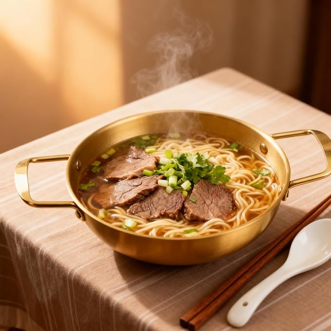 Korean Ramen Cooking Pot with Double Handle, Stainless Steel Noodle Pot, Convenient Cooking Pot for Soup Small Hot Pot (18cm/7.1in (Golden Color))