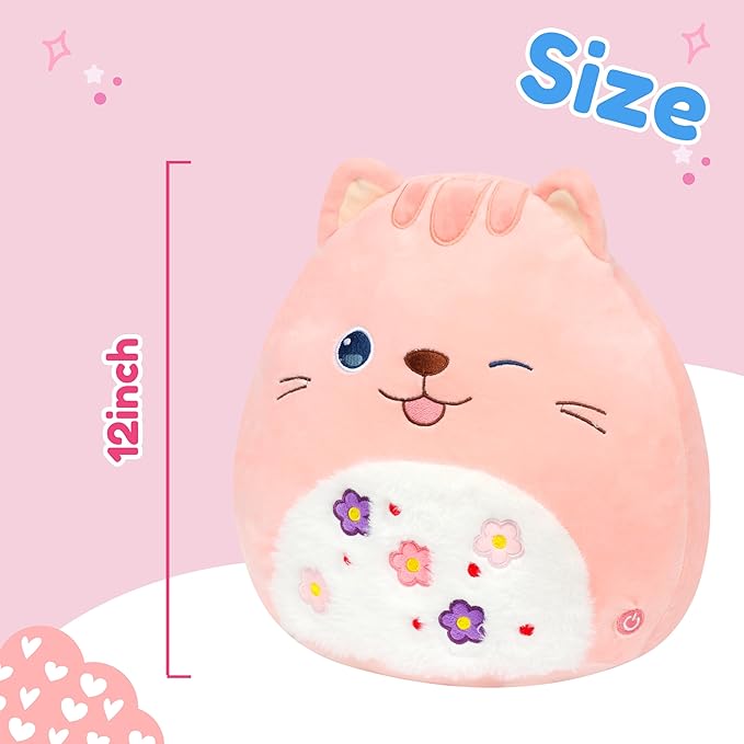 Easfan 12" LED Kitty Plush Pillow Soft Pink Cat Glowing Plush Toy Cute Stuffed Animal Home Room Decoration Birthday Get Well Gifts for Kids Toddlers