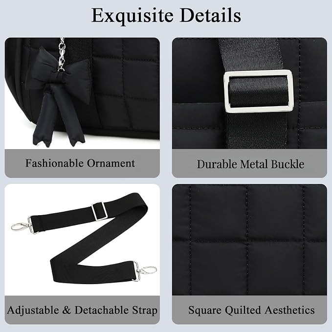 CAMTOP Mini Gym Bag for Women, Small Gym Tote Bag Puffy Quilted Sports Duffel Bag with Wet Compartment and Coin Purse Duffel Bags Dance Yoga Workout Bag for Gifts (Black, Medium-16")