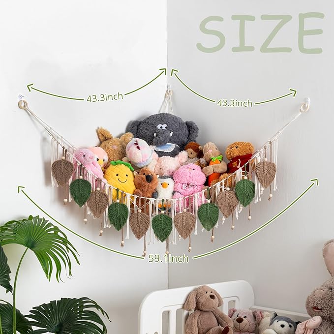 Pretty Jolly Macrame Stuffed Animal Hammock with Beads Hand Woven Leaf Tassels Corner Hanging Net Boho Plush Holder for Kid Room Nursery Decor Organizer for Girls Gift(AvocadoGreen & Milkcoffee)