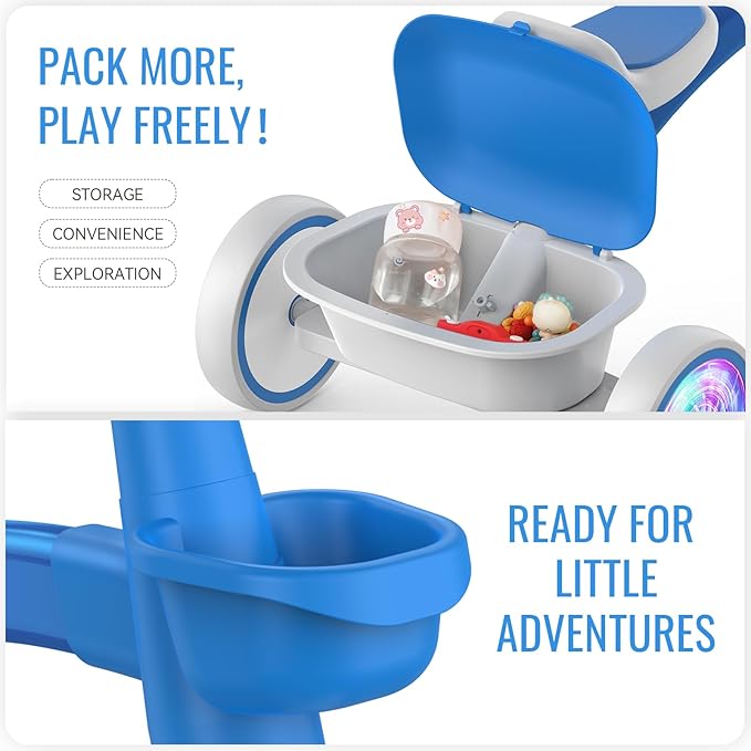SEREED Colorful Lighting Toddler Tricycle for 2-5 Years Old Boys Girls, Adjustable Seat&Handlebar Trike, Removable Basket, Birthday Gift Idea for Kids Ages 2+ (Blue)