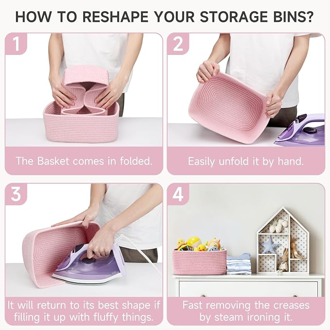 3 Pack Small Storage Baskets for Organizing, 11.8×7.8×5.1", Mixed Pink | Woven Baskets for shelves, Cotton Rope Basket for Gifts Empty, Closet Organizer Bins with Handles, Cube Decorative Box