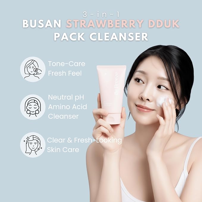 Busan Strawberry Dduk Pack Cleanser – 3-in-1 Korean Pack & Foam Wash with Rice & Strawberry Powder – Hydrating Neutral pH Amino Acid Wash – Vegan K-Beauty Facial Cleanser, 4.23 oz