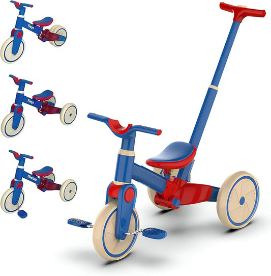 Tricycle for Toddlers 1-3 Year Olds, 5 in 1 Toddler Balance Bike with Removable Pedal, Foldable Toddler Tricycle with Push Handle(Blue)