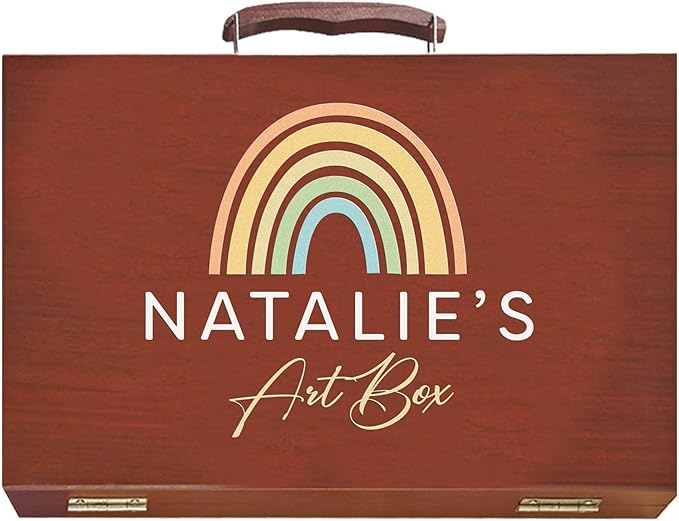 Let's Make Memories Personalized 80-Piece Deluxe Art Set - for Kids - Wood Carrying Case - Oil Crayons, Colored Pencils, Watercolors - Arts & Crafts - Palette Design - Add Name - Colorful Rainbows