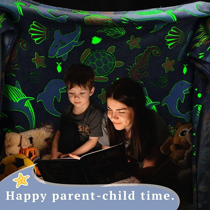 Glow in The Dark Throw Blanket Dolphin Marine Life Luminous Blankets and Throws Blue Colorful Plush Blankets Soft Glowing Throw Easter Gifts for Kids Girls Boys Teens Age 1-15 Years Old
