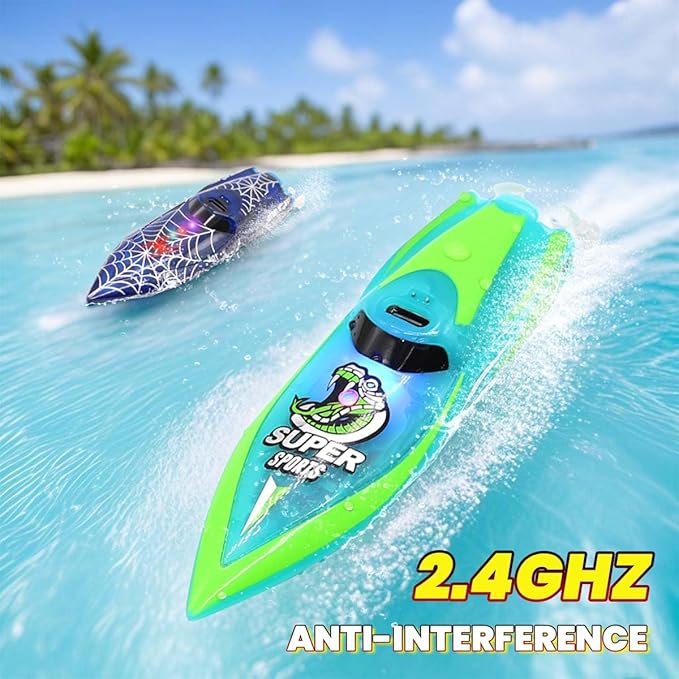 Mini Remote Control Boat RC Boat 2.4Ghz 360 Rotating LED Light bulit-in Rechargeable Battery Pool BathtubToys Remote Control Boats for Kids 8-12 Years Birthday Gift Green