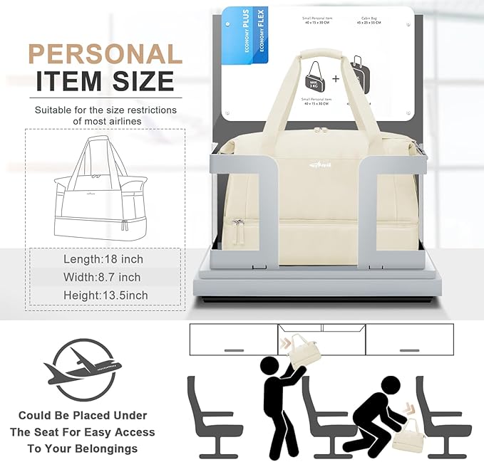 Gym Bag for Women, Personal Item Travel Bag with Shoes Compartment, Weekender Overnight Duffel Bag with Wet Pocket, Carry On Bag for Women, Travel, Gym, Weekend (Beige)