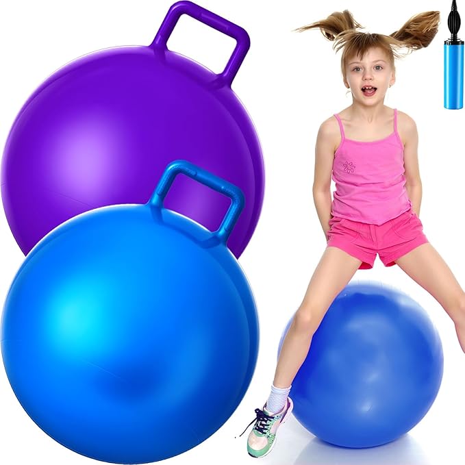 Lewtemi 2 Pcs 20 Inch Big Bouncing Ball with Handle Jumping Hopper Bouncy Ball for Adults Exercise and Air Pump for Outdoor Sports Game(Blue, Purple)
