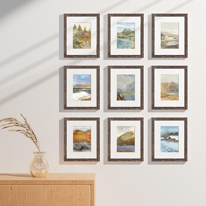 Vittanly 8x10 Picture Frames Set of 9, Wall & Tabletop, Distressed Walnut | Display Pictures 5x7 with Mat or 8x10 without Mat, Small Photo Frames, Engineered Wood with Shatter Resistant Plexiglass