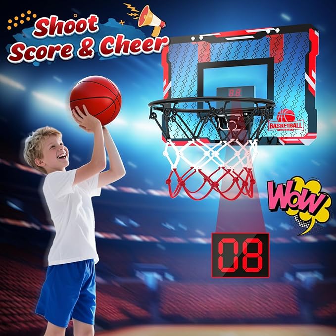 EagleStone Mini Indoor Basketball Hoop with Scoreboard,4 Balls & Pump,Over The Door Bedroom Office Basketball Hoop for 6 7 8 9 10 11 12+ Year Old Kids Boys