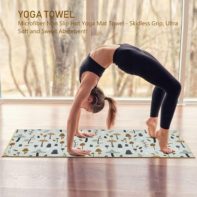 Mushroom Yoga Mat Towel Non Slip Soft Sweat Absorbent Hot Yoga Towel for Hot Yoga, Pilates and Workout-73 x 27 Inch