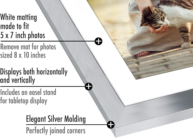 Americanflat 8x10 Picture Frame with Polished Crystal-Clear Glass - Use as 5x7 Frame with Mat or Display 8x10 Photo Without Mat - Signature Collection - Picture Frames for Tabletop and Wall - Silver | Wall or tabletop display with included easel, sawto...