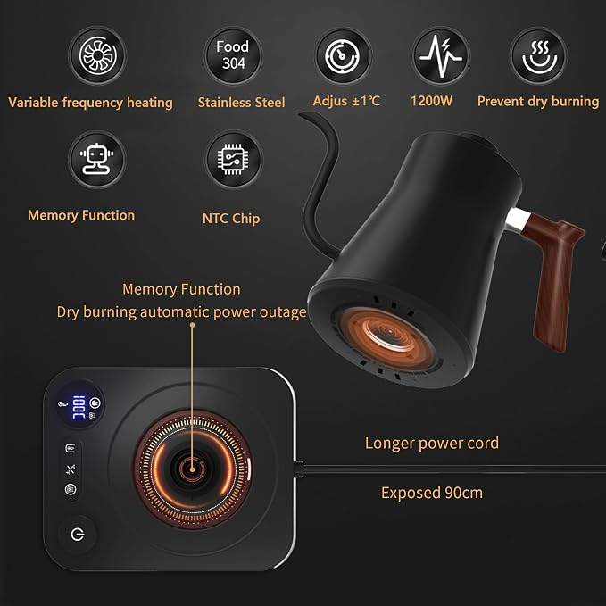 RHD Gooseneck Electric Kettle with Temperature Control LCD Display, 0.9L/900ml Pour Over Coffee & Tea Kettle, 1200W Fast Boil, Keep Warm, 304 Stainless Steel, Black