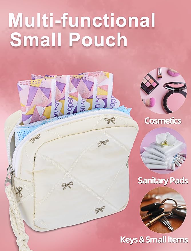 Period Bag for Girls, Quilted Period Pouch for Women, Sanitary Napkin Storage Bag Menstrual Pad Pouches Tampon Holder for Purse Pad Bag Gifts for Teen Girls(Beige)