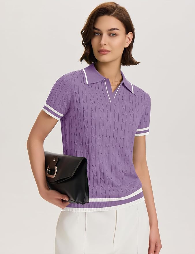 Micoson Womens Short Sleeve Sweater Tops Lapel V Neck Polo Shirts 2026 | Summer Cable Knit Loose Blouses, Business Casual Outfits