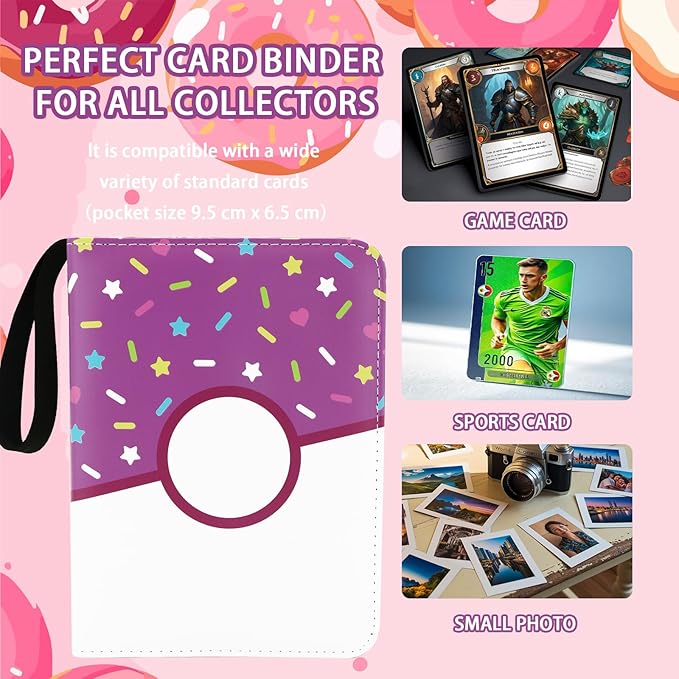 9 Pocket Card Binder 900 Card Holder Album, Pink Donut Trading Cards Holder Zipper Binder for Girl Teen Collection (Purple Donut, 900 Pocket)