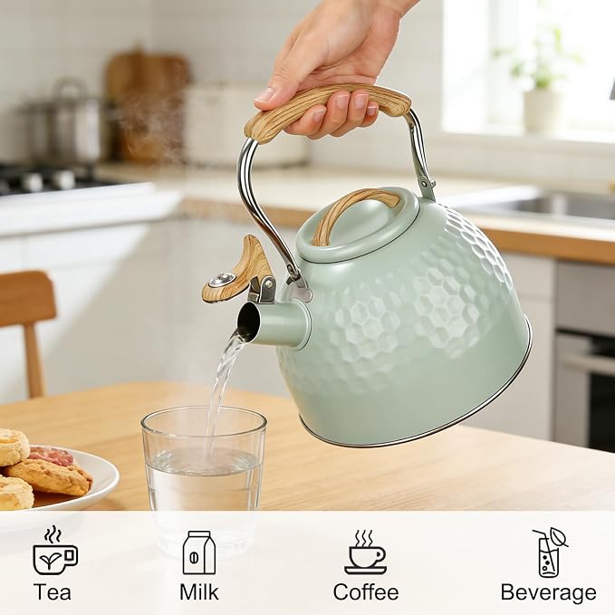 Stainless Steel Whistling Tea Kettle 3 L Tea Kettle Stovetop Teapot Hot Water Kettle w Whistle Spout, Fast Boiling Electric Kettle Stove Top Food Grade Coffee Milk Kettle Pot Folding Handle -Green