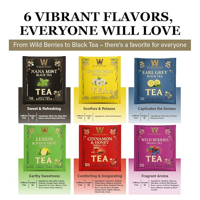 Wissotzky Artisanal Tea Chest Box, Assorted Flavors of Black & Herbal Tea Bags (42 Tea Bags) 6 Flavors | Mothers Day Gift | Tea Sampler Variety Pack | Tea Gift Set | Individually Wrapped | Corporate & Holiday Gifts | Certified Kosher