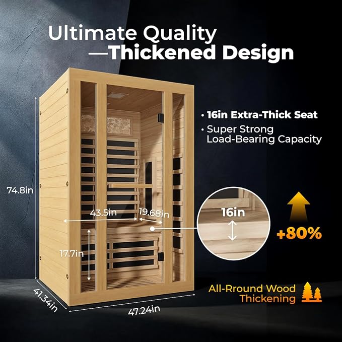 2 Person Far Infrared Sauna, Canadian Hemlock Thickened Wood, Extra-Thick Explosion-Proof Glass, 2000W Low EMF 110V with 7 Heaters, Chromotherapy Lights, Control Panel, Bluetooth Speaker, Natural Wood
