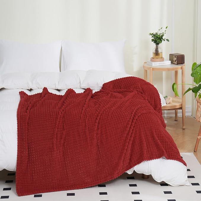 Puncuntex Fleece Throw Blanket Red 50"×60" with Square Grid Design | Super Soft Plush Cozy Flannel Throw Blanket Luxury for Couch Sofa Chair