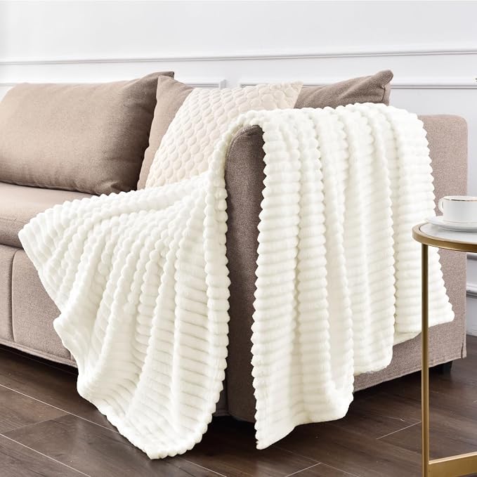 BEDELITE Ribbed Jacquard Cream Fleece Throw Blanket for Couch, 50x60 Inch | Soft Warm Decorative Fluffy Blanket, Cozy Plush Lightweight Fuzzy Throw Blanket for Bed Sofa Home Room Decor, Gift for Women