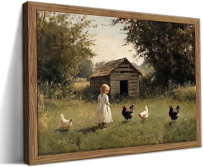 Vintage Country Framed Wall Art, Little Girl and Chick Canvas Prints, Rustic Landscape Picture Painting, Pastoral Farmhouse Wall Decor for Living Room Bedroom – Dark Wooden Frame 16x24in