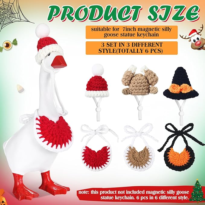 Geyoga 3 Pcs Mini Desk Goose Outfits 7 Inch Mini Knitting Hat and Bandana Knitting Desk Goose Headwear Bibs Accessory for Magnetic Statue Table Decor Gifts (Halloween Style)