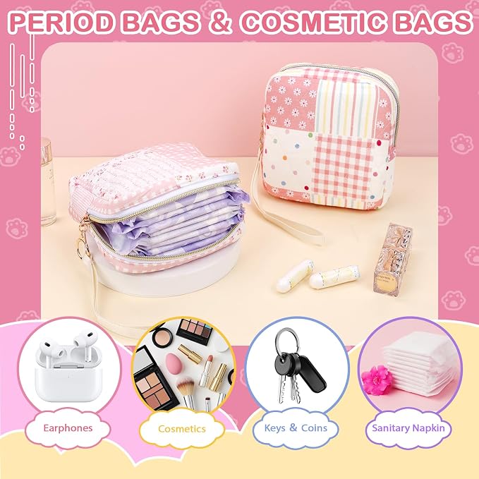 Likesing Quilted Period Bag, Period Pouches for Teen Girls Womens, Portable Floral Print Sanitary Napkin Storage Bag Feminine Emergency Tampon Pad Pouch(Pink Dot Clash)