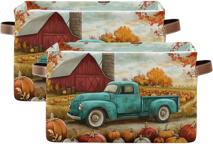 Aslsiy Storage Basket Autumn Pumpkins Truck Maple Nursery Bins Fall Tree Baby Box Canvas Clothes Shelf Basket Laundry Hampers 2 Pcs