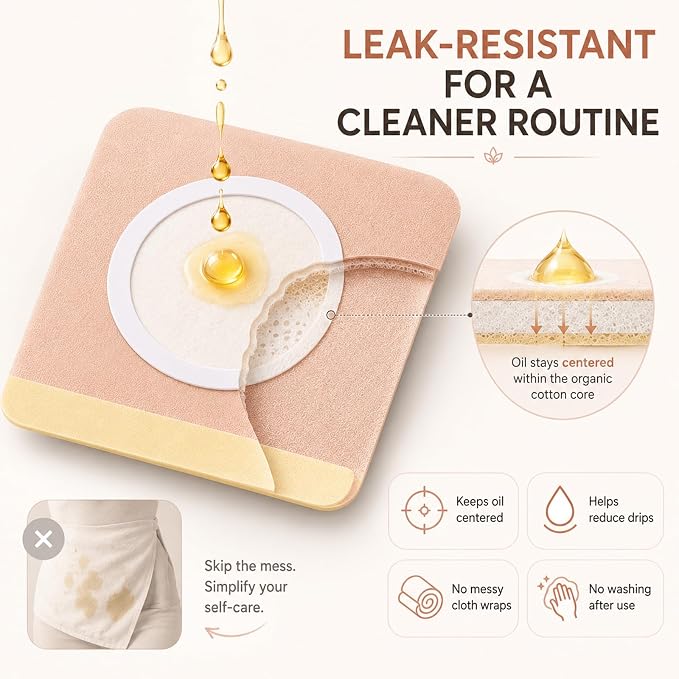 50Pcs Castor Oil Patches, Organic Cotton Castor Oil Pack Wrap Disposable Self-Adhesive Belly Button Patch Cover for Castor Oil, Mess-Free Anti Leakage No Wash Castor Oil Packs for Stomach