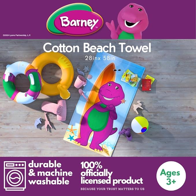 Barney Classic Kids Super Soft Cotton Bath/Pool/Beach Towel, 58 in x 28 in, (Offical Licensed Product) By Franco