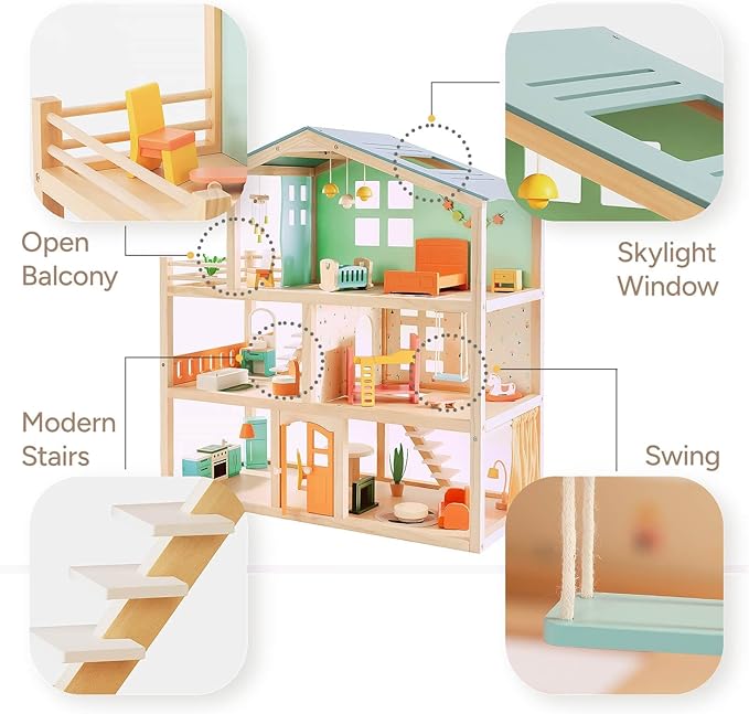 Giant bean Large Wooden Dollhouse with 32 Pcs Furniture Accessories, 3-Story Doll House 5 Rooms Balcony Wooden Stairs, Ideal Dollhouse Toy for Kids Ages 3+, 30" H x 28" L x 13" W
