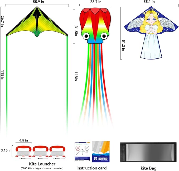 Kites for Kids & Adults,Large Kite for Beginners, Kites for Kids Ages 4-8,Outdoors Activities with Complete Handle, 328ft Kite String & Accessories (Angel+Grassland+Octopus, 3)
