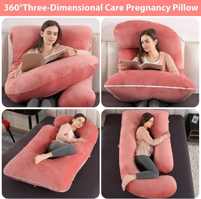 U-Shaped Full Body Pregnancy Pillow for Sleeping – 57" Maternity Pillow with Removable Cover, Support for Back, Legs, Belly & Hips (Velvet -Pink)