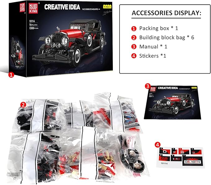 Mould King 10114 Classic Cars Building Kits, MOC Vintage Car Model Building Blocks Set, Gift for Age 14+/Adult Collections Enthusiasts(1308+ Pieces, Static Version)