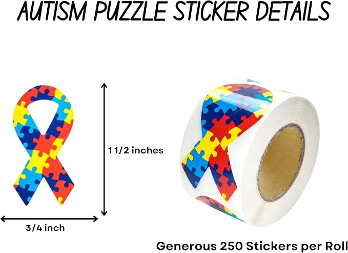 250 Small Autism Ribbon Stickers with Puzzle Pattern - Roll of Asperger’s Autism Awareness Stickers - Perfect for Events, and Fundraising