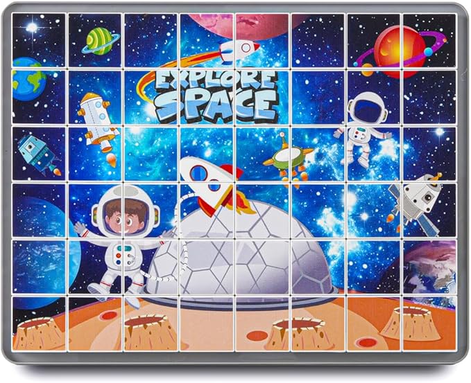 Anzikfoy 48 Piece Toy Building Jigsaw Puzzle Sets, 2 in 1 Space Theme Boys Girls Puzzles Building Block with Reusable Drawing Board Set for Toddlers Ages 1-3 and Kids 3+ Year Old