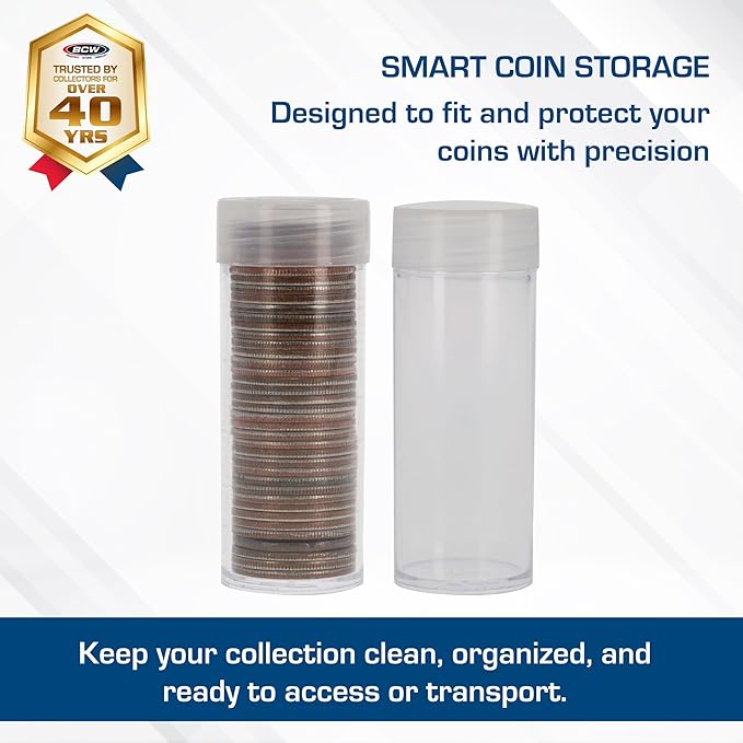 BCW Quarter Coin Storage Tubes - 10 Pack | Archival Quality Plastic Coin Holders, Screw-On Caps | Long-Term Coin Storage