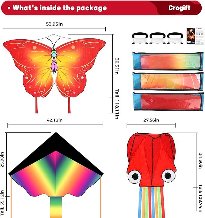 3 Pack Large Kites, Easy to Fly Large Butterfly, Giant Red Octopus & Colorful Delta Kite for Beach Trip - Perfect Kites for Kids Ages 4-8 8-12, Gifts for Easter and Festival