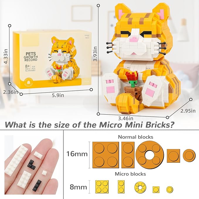 QLT QIAOLETONG Cute Animal Micro Mini Building Blocks Kit, Orange Cat Micro Bricks Building Toys for Adults, Party Favors for Kids 8-12+, Birthday Gift, Carnival Prizes (834 PCS)
