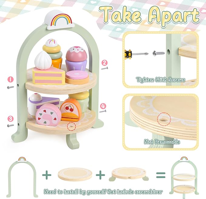 Lonico Wooden Tea Party Set for Little Girls Toddler Tea Set with Cupcake Stand & Food Dessert, Play Kitchen Accessories for Toddlers 2 3 4 5 6 Years Old, Wooden Toys Birthday Kids Girls Gifts 3-6