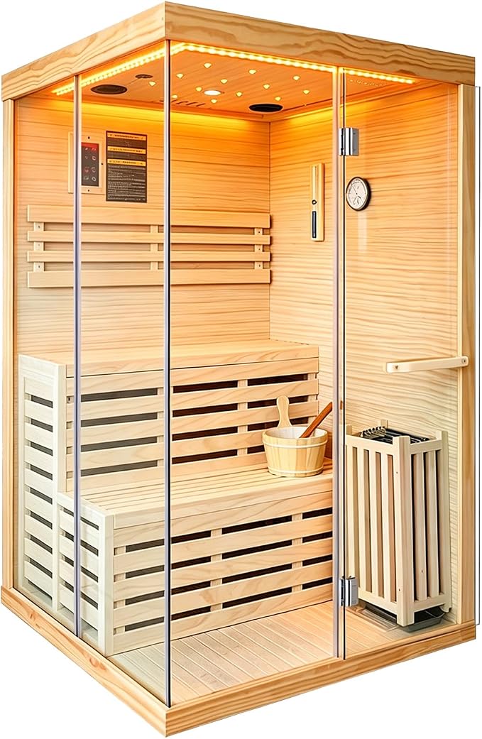 Steam Sauna, Traditional 2-4 Person Indoor Sauna with 3000W Stove Heater | Chilean Pine Wood Sauna Room with Wooden Barrel and Spoon, Sauna Stone, Hygrometer, Cup Holder, LED Lighting, Speaker