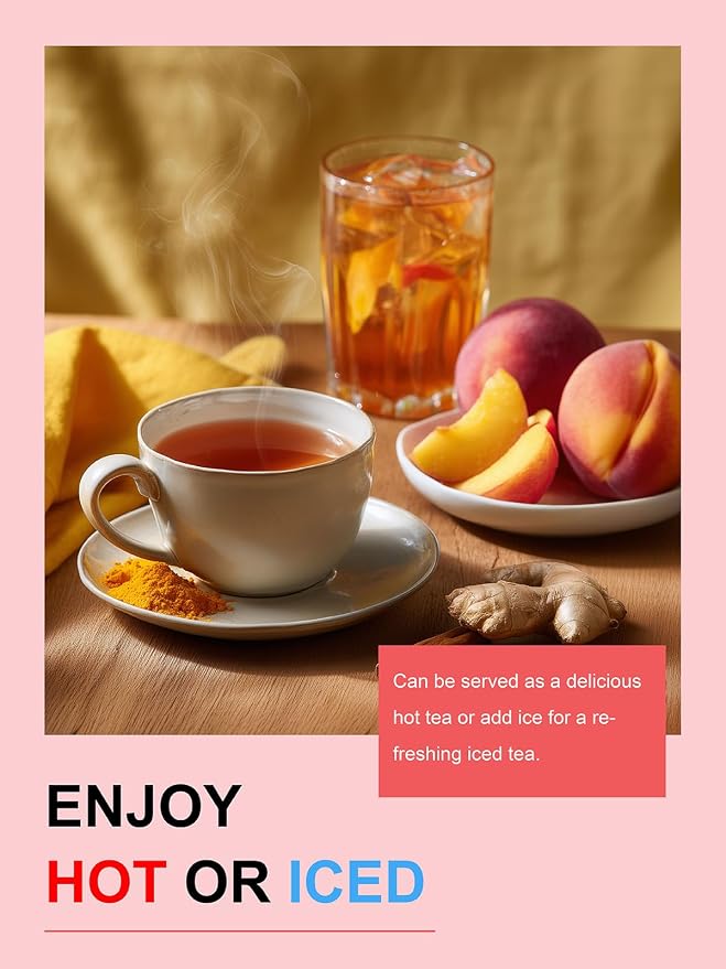 TeeLux Ginger Peach Turmeric Tea Bags, Warm Ginger with Tart Hibiscus & Soothing Chamomile, Tart & Sweet Flavor, Caffeine Free, 100 Count