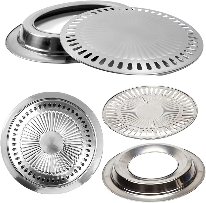 Saim Korean BBQ Grill Pan,Stainless Steel Non-Stick Roasting Smokeless Barbecue Grill Pan,Round Korean Style Stovetop for Indoor Outdoor Camping BBQ