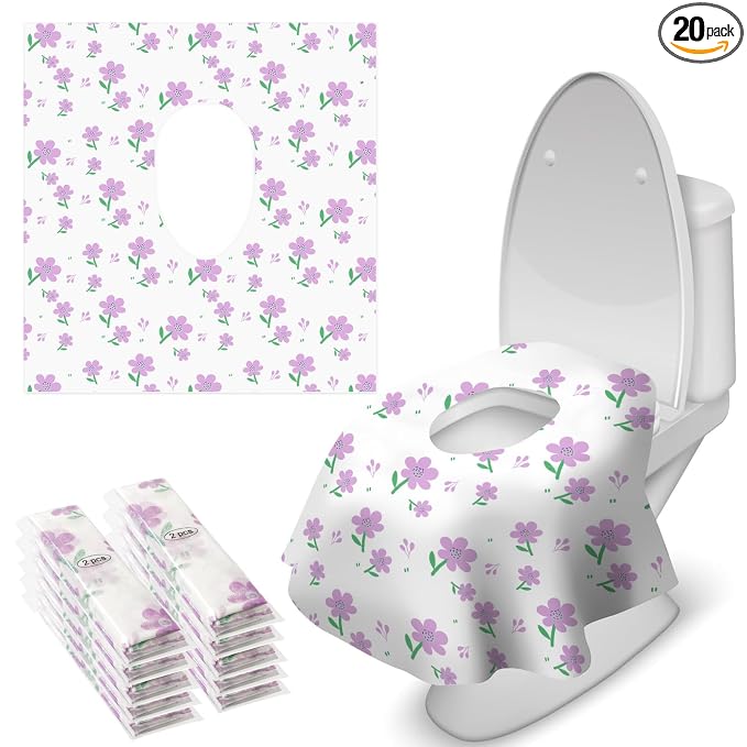 Blissful Diary 20 Pcs Toilet Seat Covers Disposable for Toddlers & Adults, Extra Large Waterproof, Portable Package for Travel, Kids Potty Training(Purple Flowers))