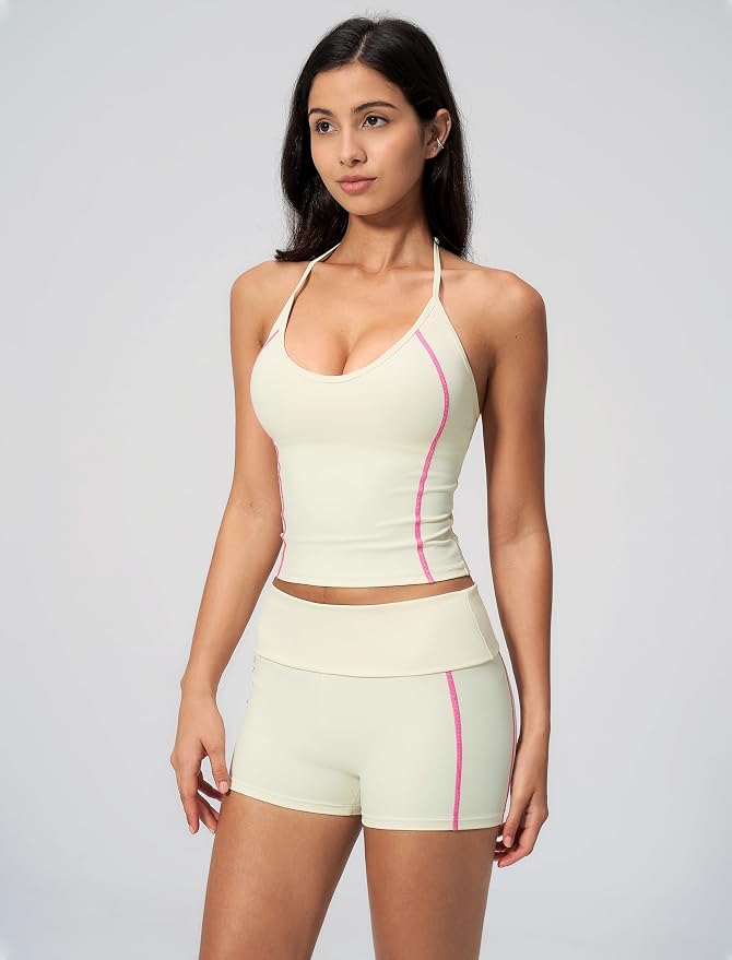QBGJTD Women 2 Piece Workout Set Color Block Open Back Halter Top and High Waist Booty Lifting Shorts Yoga Outfit