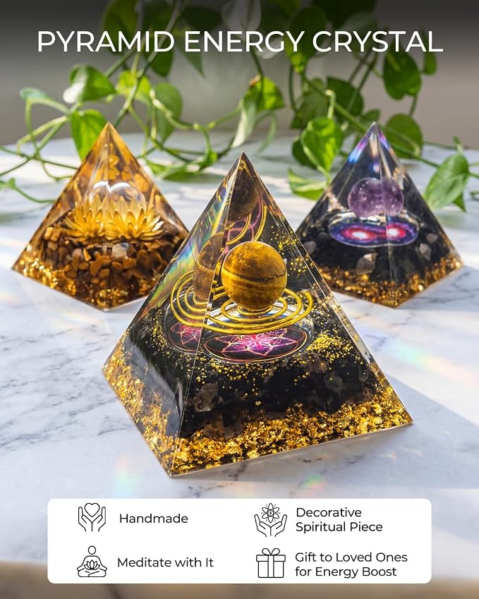 Orgone Pyramid with Healing Crystals - (Space - Planets) - Golden Obsidian Energy Generator for Positive Vibe, Stress Relief & Chakra Reiki Meditation - Spiritual Gift for Success, Wealth & Prosperity