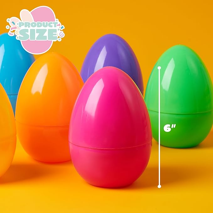 JOYIN 6 Pcs Large Plastic Easter Eggs, 6 Inches Colorful Jumbo Eggs Fillable for Easter Themed Hunt Basket Stuffers Fillers Filling Treats Party Favor Classroom Prize Supplies